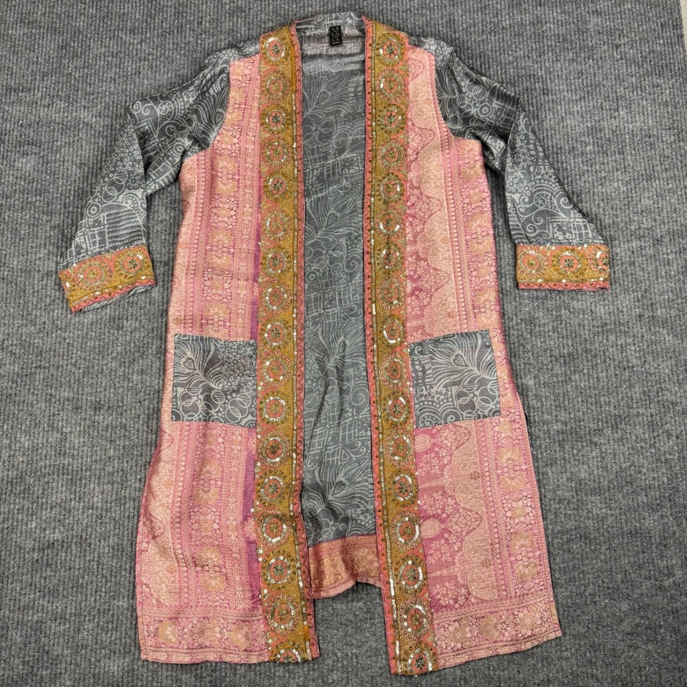 La Lo La Silk Duster Jacket Womens S Embroidered Sequin Boho Patchwork India